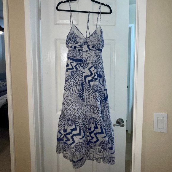 Blue and White Printed Cutout Halter Midi Dress - Aqua Bloomingdales LARGE - Picture 3 of 7